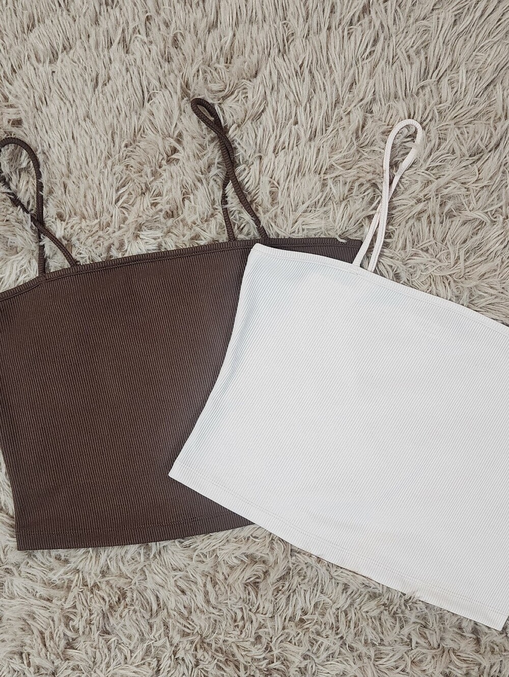 Spaghetti Strap Ribbed Crop Top – Brown & Light Cream